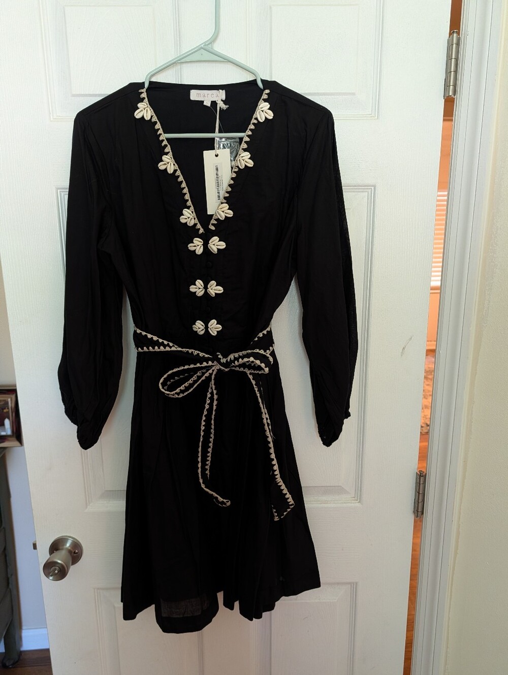 Marea Black V-Neck Embroidered Waist-Tie Dress